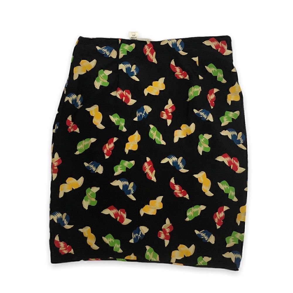 Vintage Ungaro Black Ribbon Print Skirt Faux Wrap Gold Accents - Picture 2 of 9